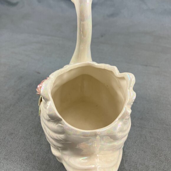 Antique 5" Swan Ceramic Lustreware Japan White with Pink Roses - Picture 3 of 4